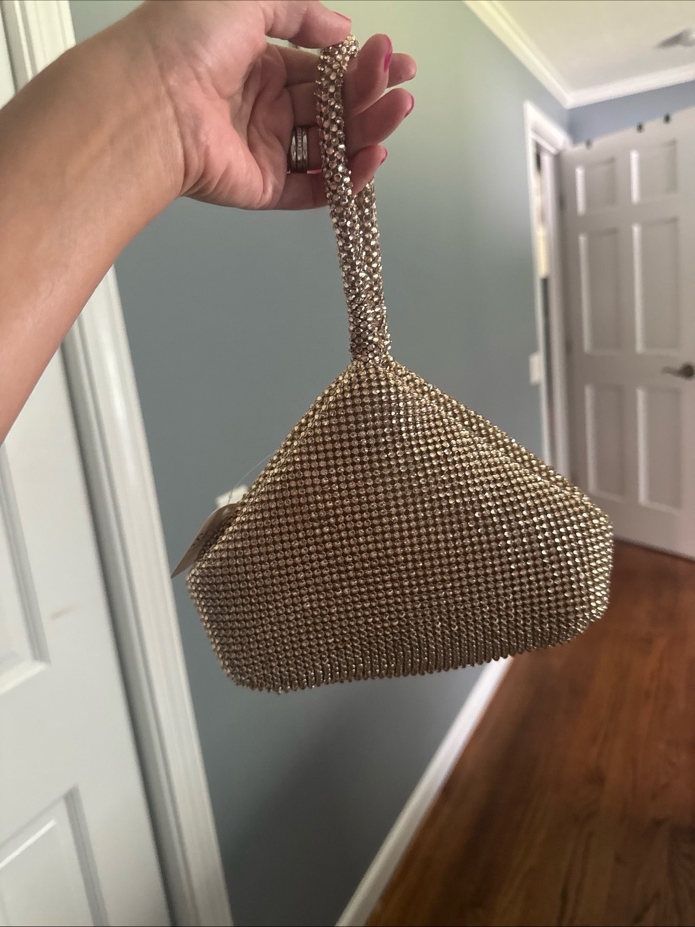Gold Crystal Mesh Wristlet Bag with Rhinestone Strap
